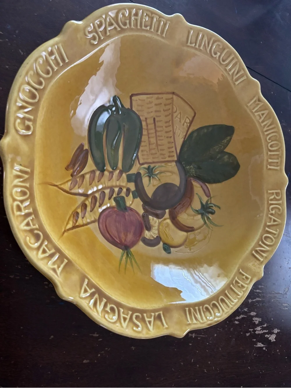 Vintage 14-3/8” California Pottery harvest gold pasta/serving ceramic bowl